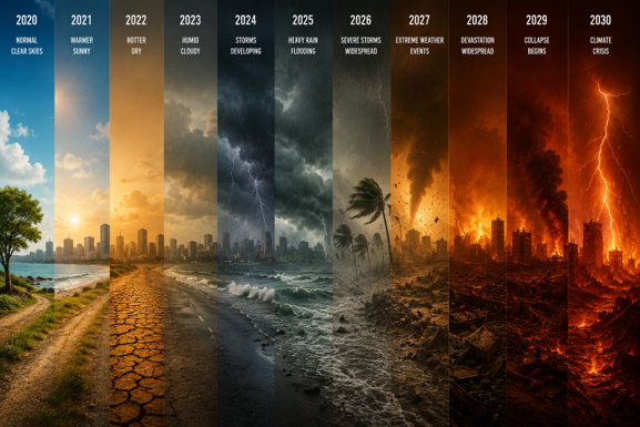 climate change timeline extreme weather rising temperatures storms floods heatwaves climate crisis split scene