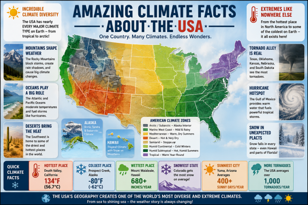 USA climate zones infographic showing weather diversity, climate regions, tornadoes, hurricanes, deserts, and extreme temperatures