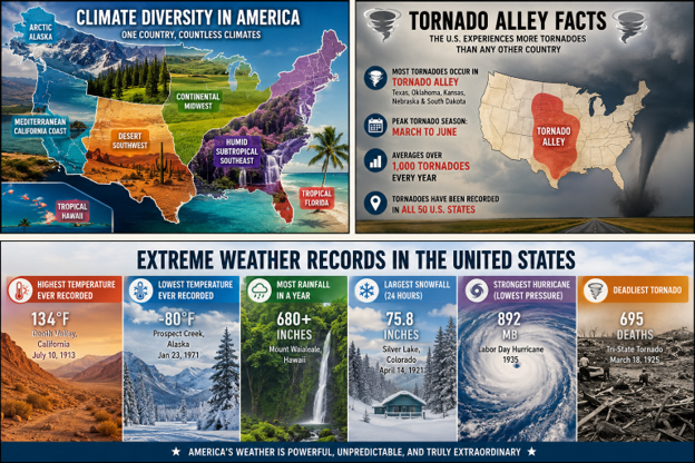 Infographic showing climate diversity in America, Tornado Alley facts, and extreme weather records across the United States